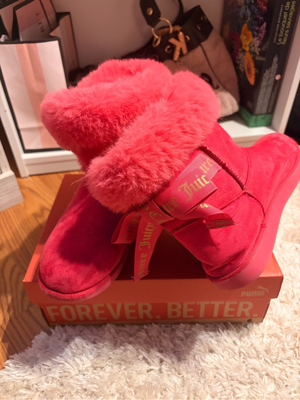 Juicy Couture Hot Pink Faux-Fur Cuff Ribbon Booties